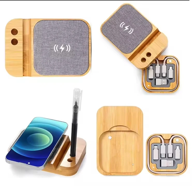 2025 Best Seller Bamboo Multi Function Wireless Charger with Cables and Phone Holder 15W