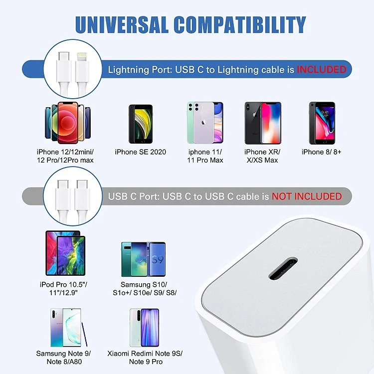 20W Type C Cable Fast Charging for iPhone Original Phone Charger EU Us UK Plug Power Adapter Set Chargeur De Té Lé Phone