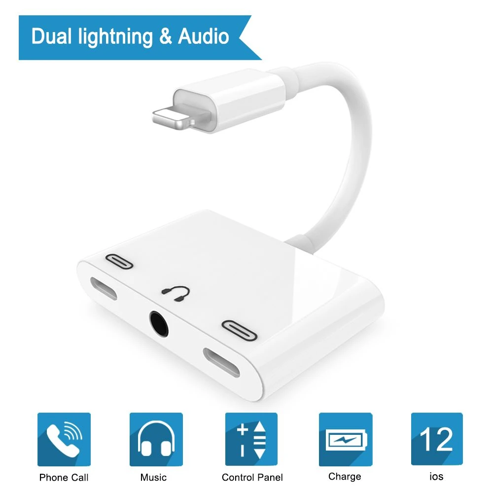 3 in 1 Headphone Jack Adapter Audio Splitter Dual 8 Pin*3.5mm Audio Adapter for iPhone