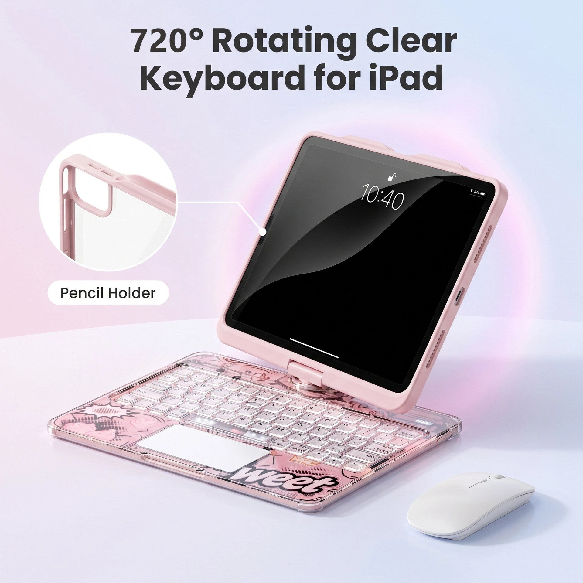 360 Degrees Rotation Graffiti Backlit Smart Bluetooth Keyboard for iPad Air 4 Air 5