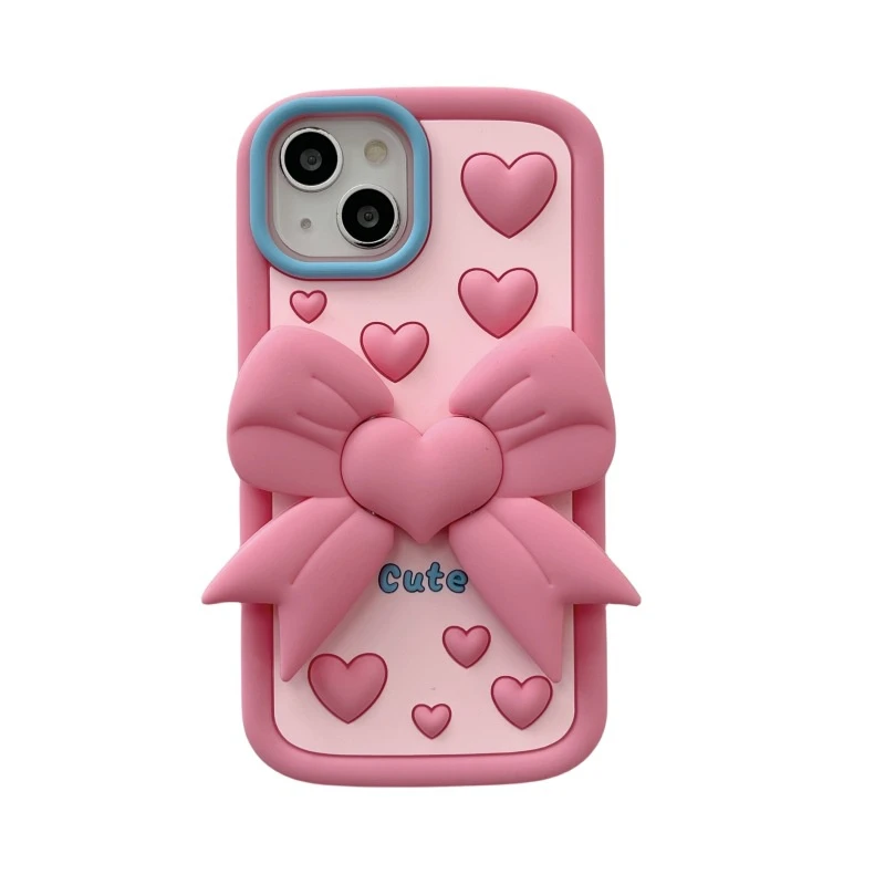 3D Cute Pink Love Heart Butterfly Bow Silicone Phone Case for iPhone