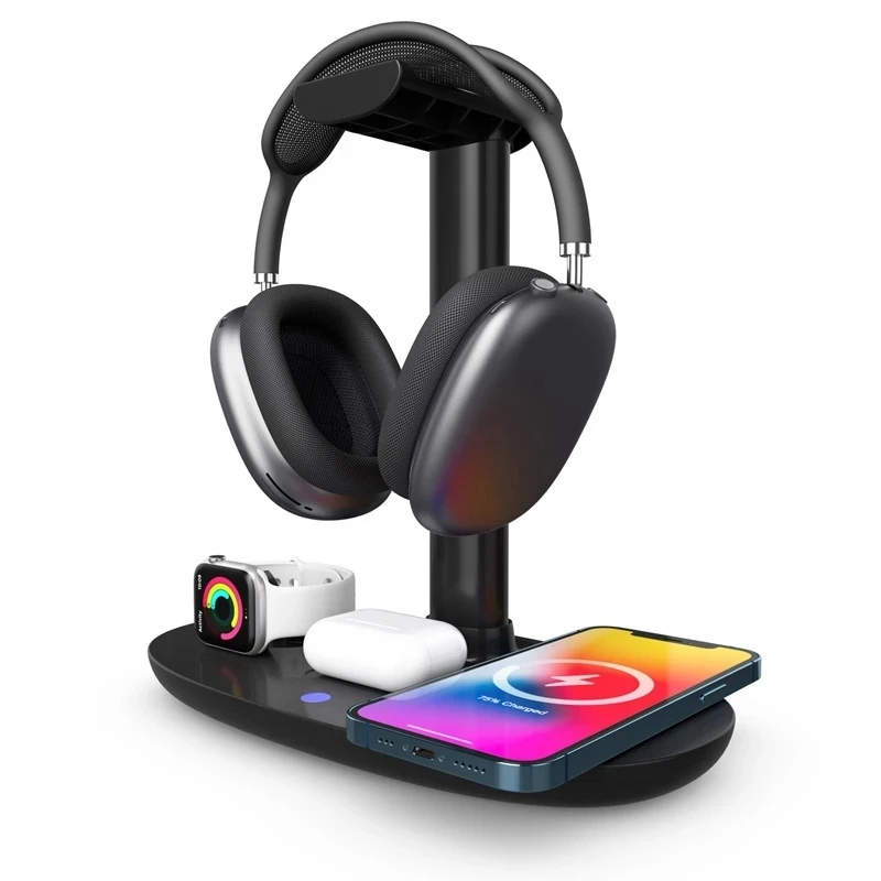 4-in-1 15W Qi Fast Charging Dock Headset Holder Wireless Charger for Apple Watch Airpods Mobile Phone