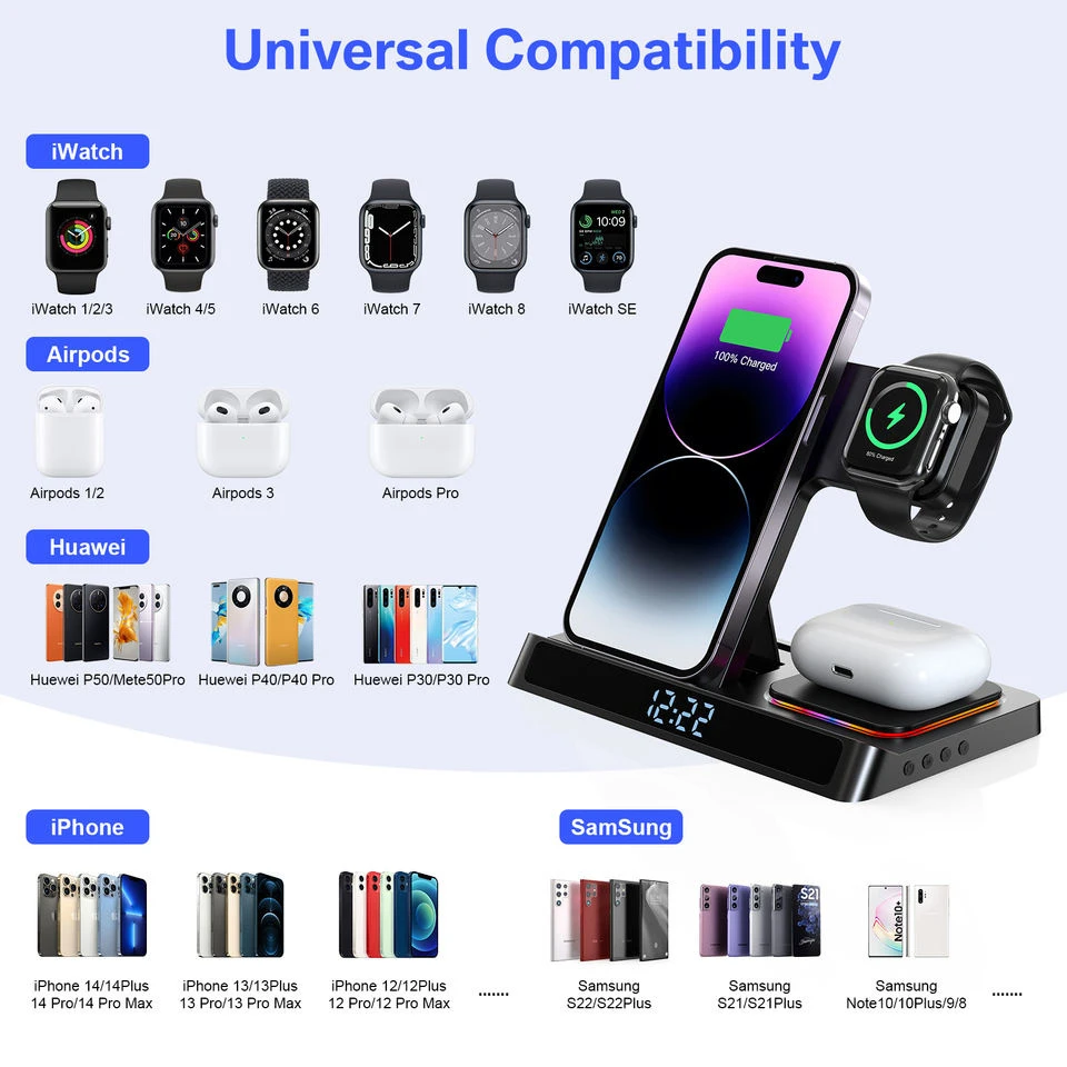 4 in 1 Apple Wireless Charging Charger Stand with LED for Mobile Phone iPhone/iWatch/Airpods