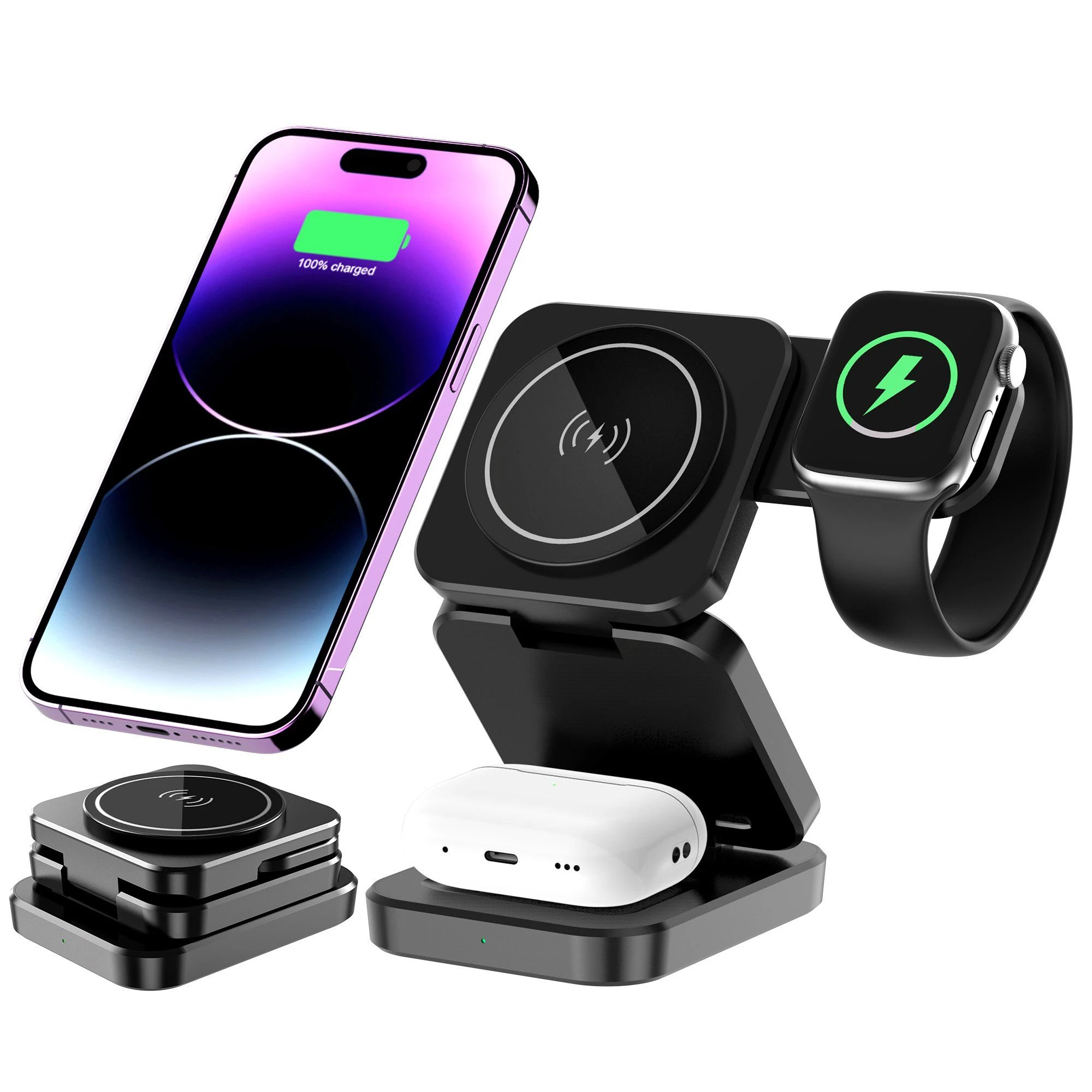 A390 3-in-1 15W Fast Charging Magnetic Wireless Charger with Folding Bracket, Compatible with iPhone, Apple Watch, and Airpods