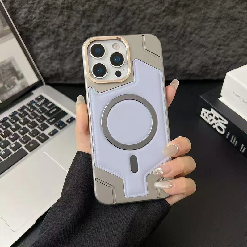 Anti-Fingerprint Metal Magnetic Stand Hard PC+Leather Phone Case for iPhone 14 PRO Max Compatible with Magsafe