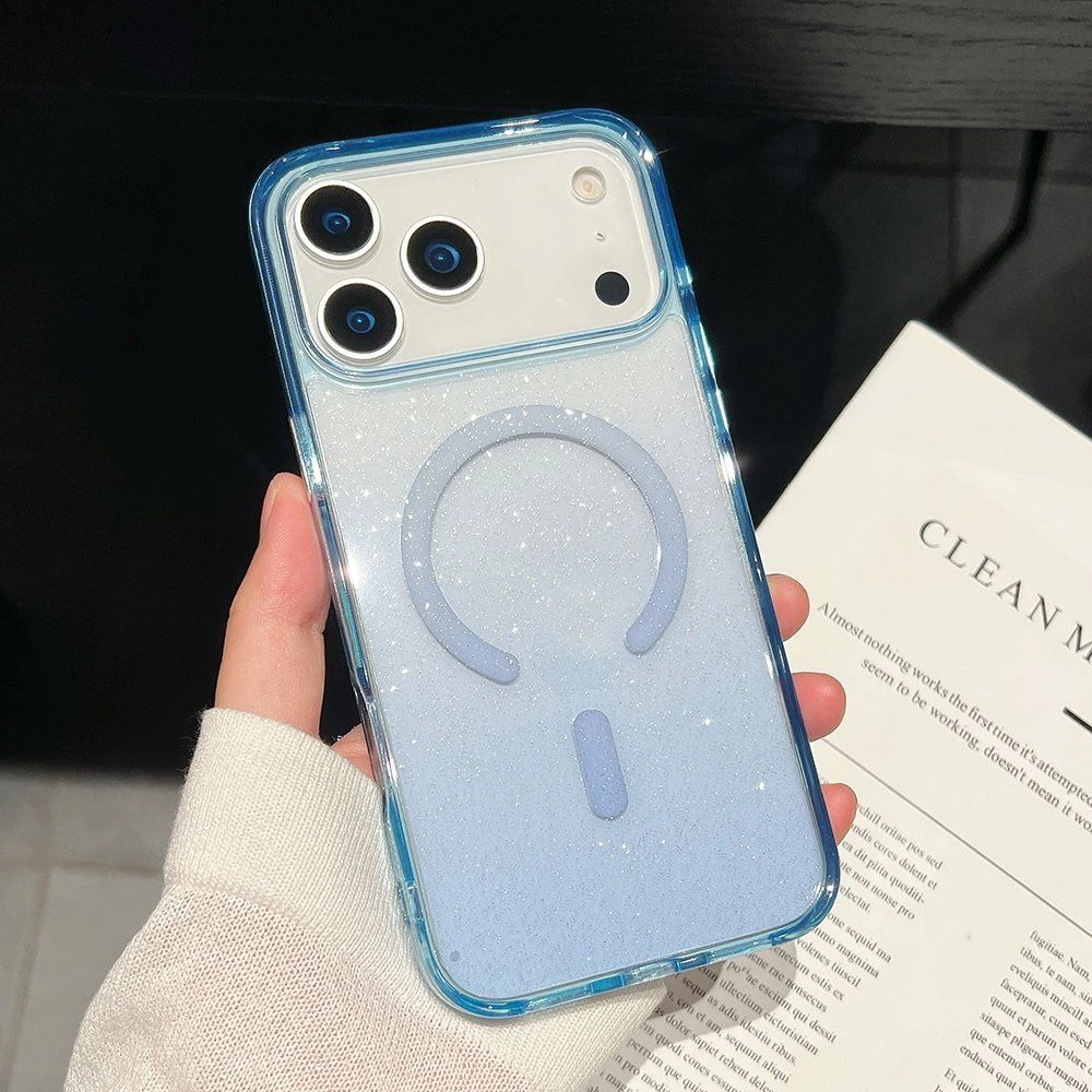 Anti-Yellow Clear Glitter Magnetic Phone Case, Built-in Magnet, Dual-Layer Composite Case