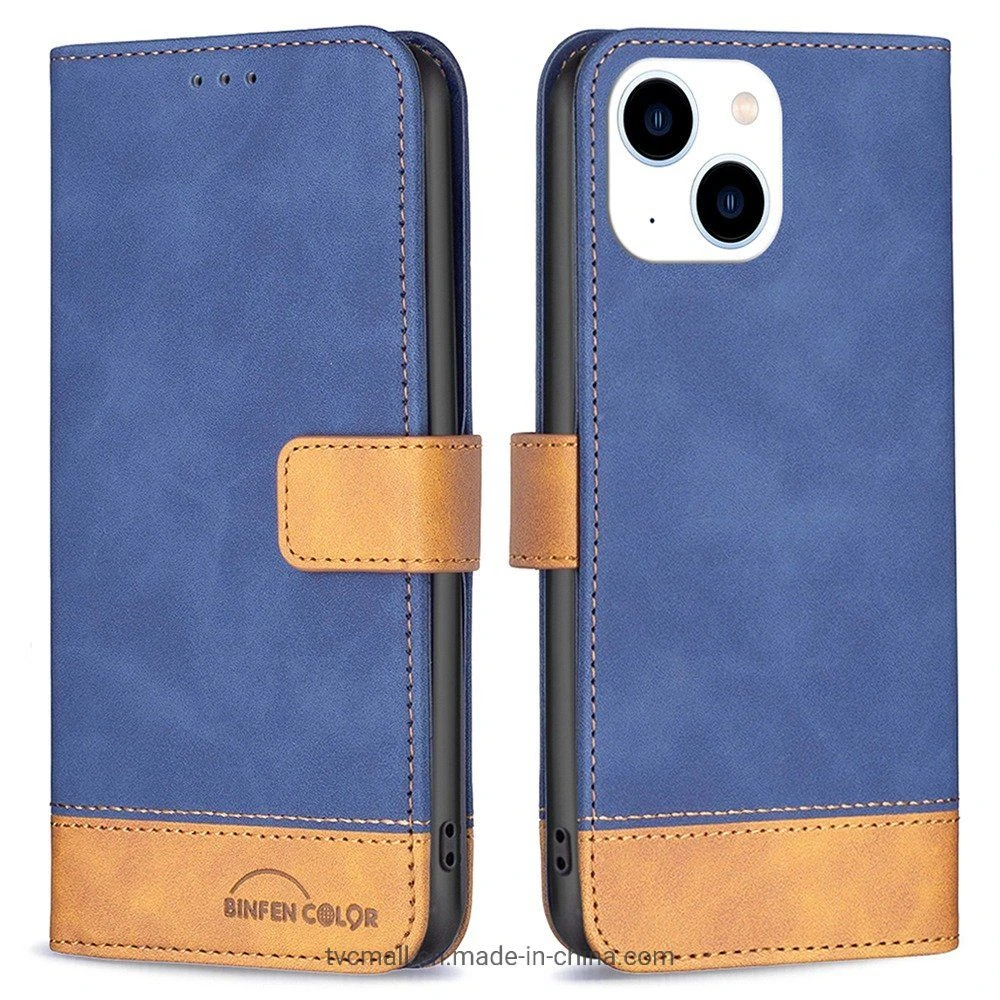 Binfen Color Bf Phone Case for iPhone 14 6.1 Inch Series-7 Well-Protection Phone Cover Style 11 PU Leather Matte Case Color Splicing Wallet Stand Shell – Blue
