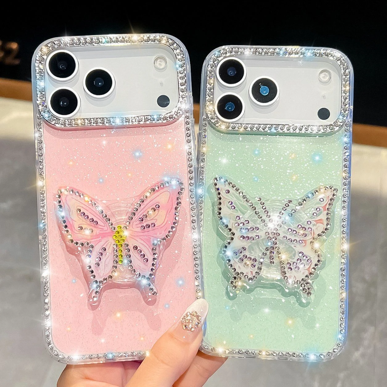 Bling Glitter Butterfly Grip Stand Shockproof Phone Case for iPhone 17 PRO Max Samsung S26 Ultra