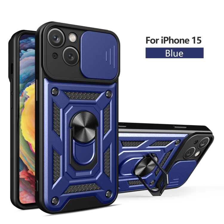 Camshield Armor for iPhone 15 Case with Slide Camera Cover & Built-in Rotating Kickstand Ring & Optional Front Glass Screen Protector Camera Protector