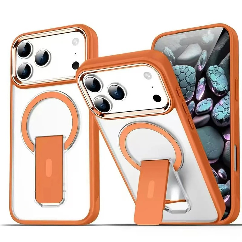 Clear Acrylic Back Shell with Magsafe Magnetic Charging Stand Fashion Phone Case for iPhone 16 15 14 13 PRO Max