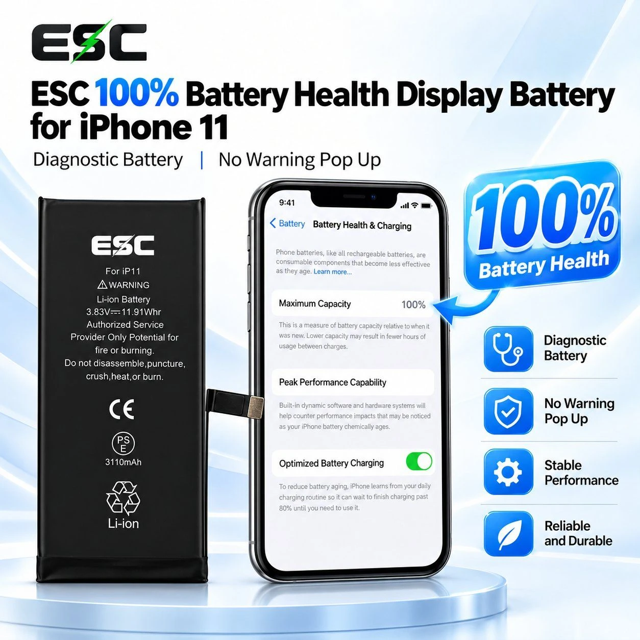 ESC 100% Battery Health Display Battery for iPhone 11 Diagnostic Battery No Warning Pop up