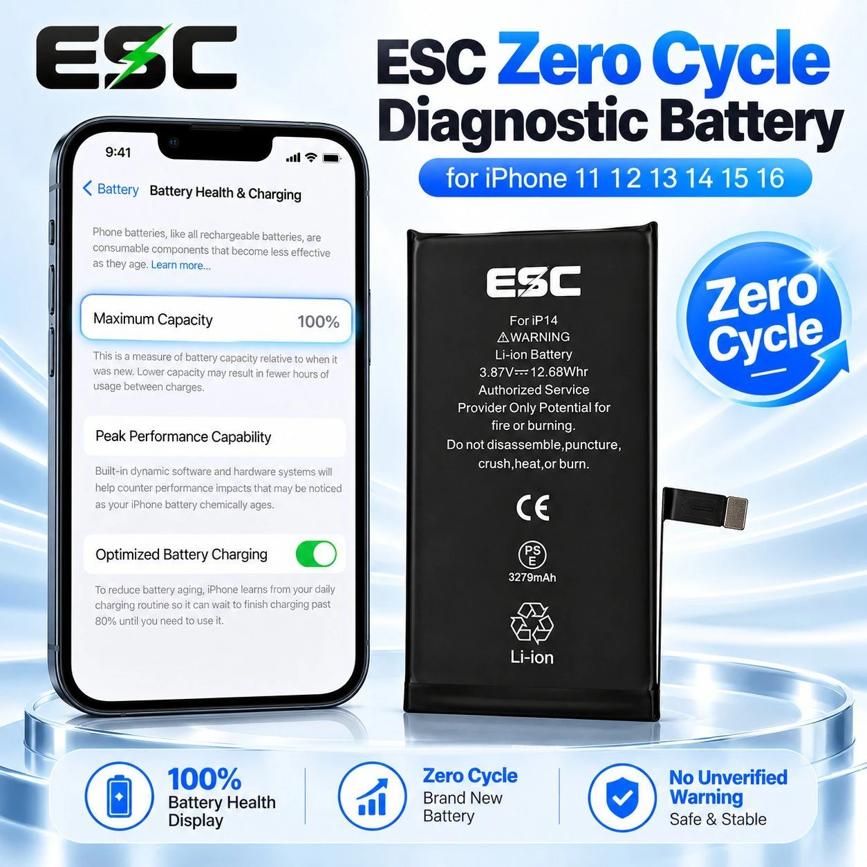 ESC Zero Cycle Diagnostic Battery for iPhone 11 12 13 14 15 16 100% Battery Health Display