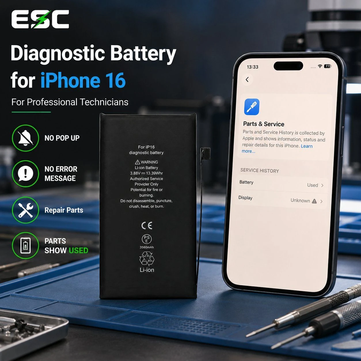 ESC iPhone 16 Battery Replacement Diagnostic Battery No Pop up No Error Message Repair Parts for Professional Technicians