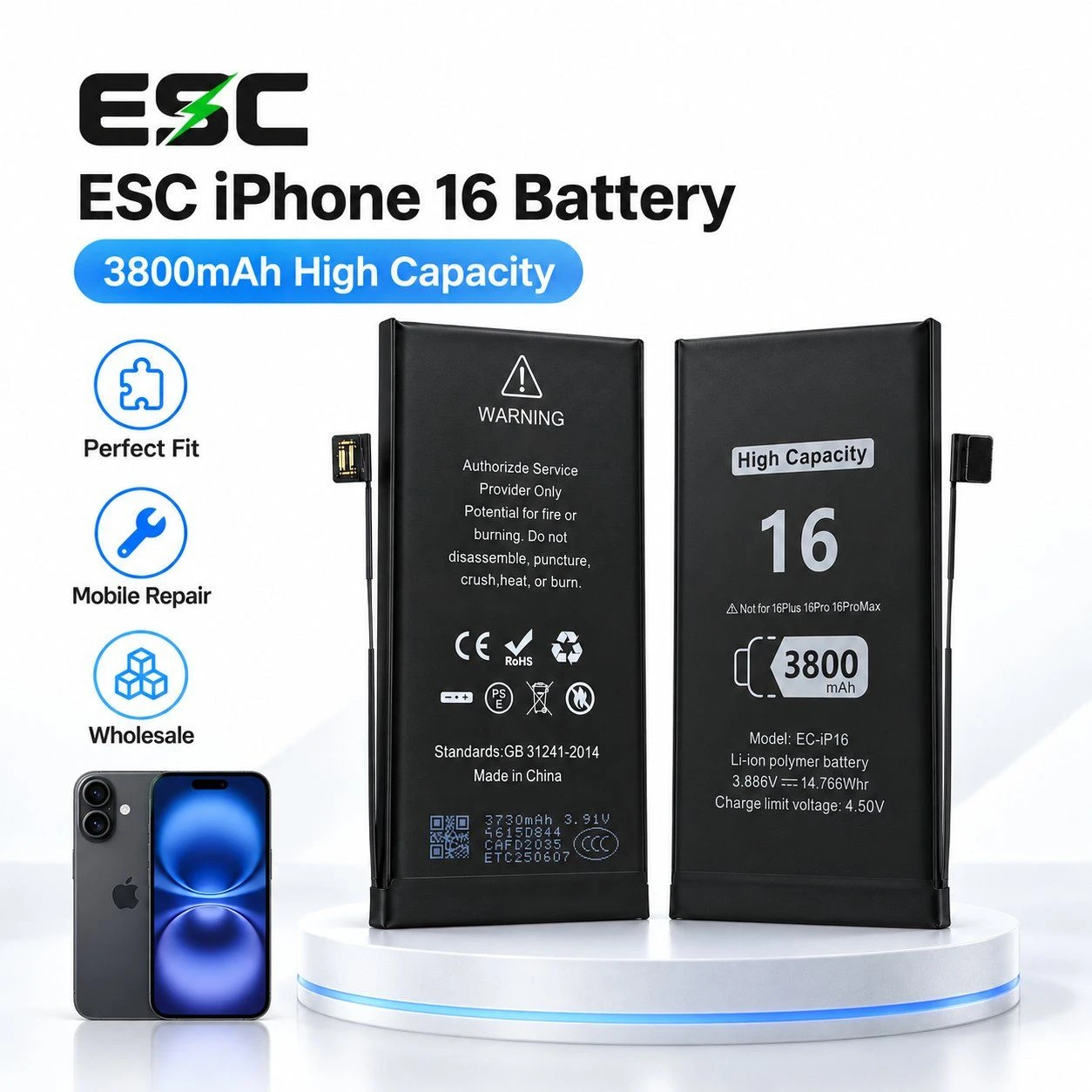 ESC iPhone Replacement Battery for iPhone 16 High Capacity 3800mAh Mobile Phone Battery Supplier