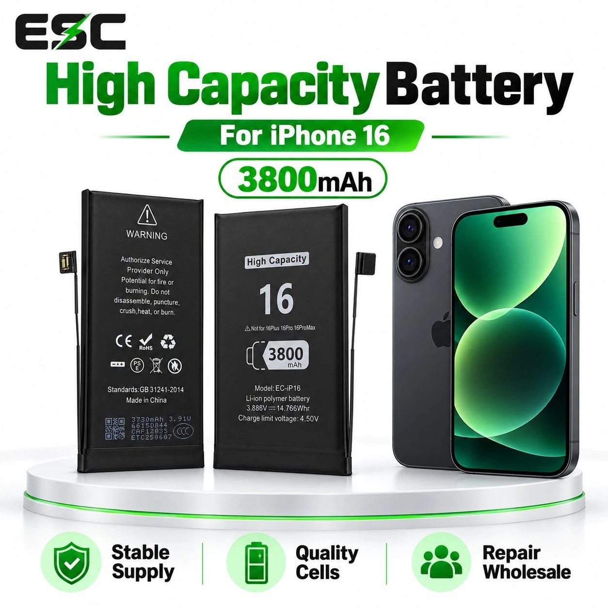 Factory Supply iPhone 16 Battery High Capacity Replacement Battery 3800mAh Repair Parts