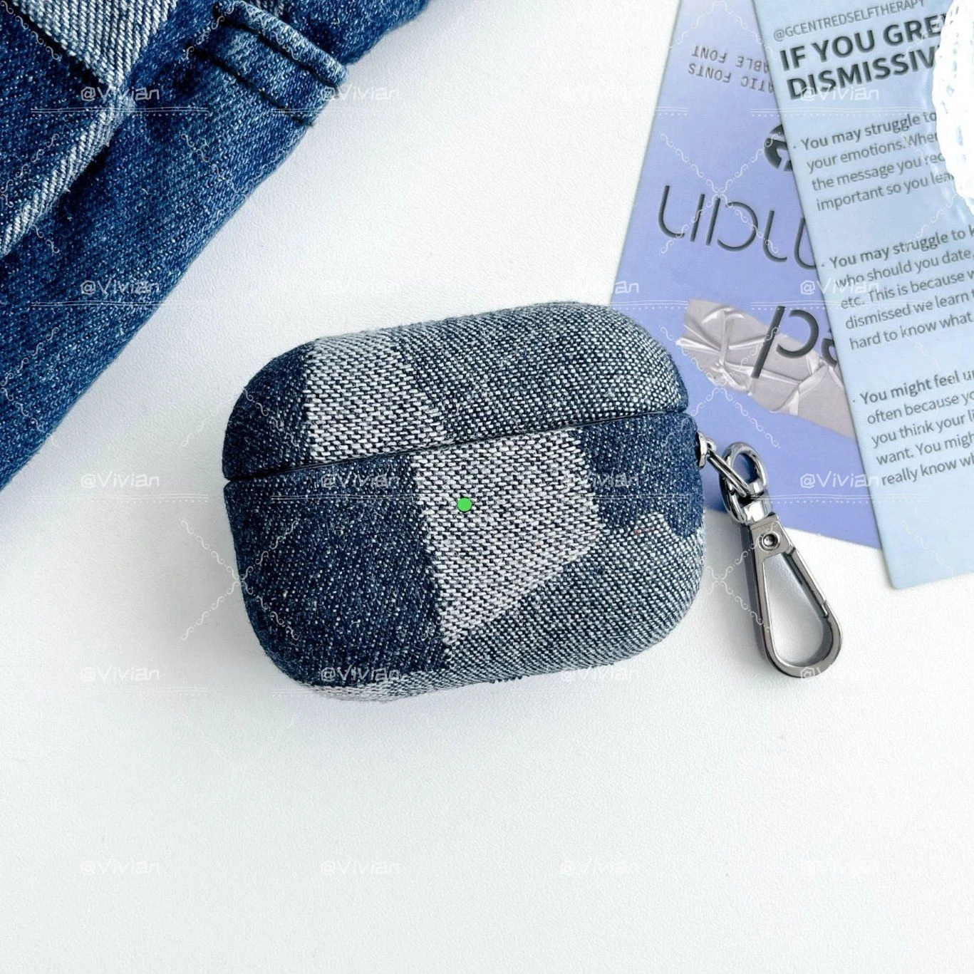 Fashion Denim Patchwork Earbud Case Full Protection with Keychain