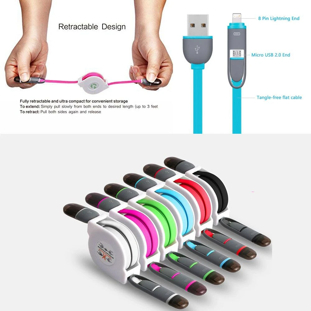 Fast Charging 2 in 1 for iPhone Android Retractable Date Cable