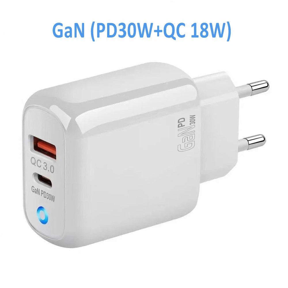 Fast Charging GaN Phone Charger for iPhone Samsung Pd30W QC18W Fast Home Charger USB-C Fast Mobile Charger Cell Phone Accessories
