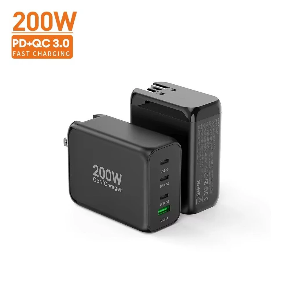 GaN Tech 4 Ports 200W USB C Pd 100W 30W USB-a QC3.0 30W GaN Charger for MacBook Laptop Phone