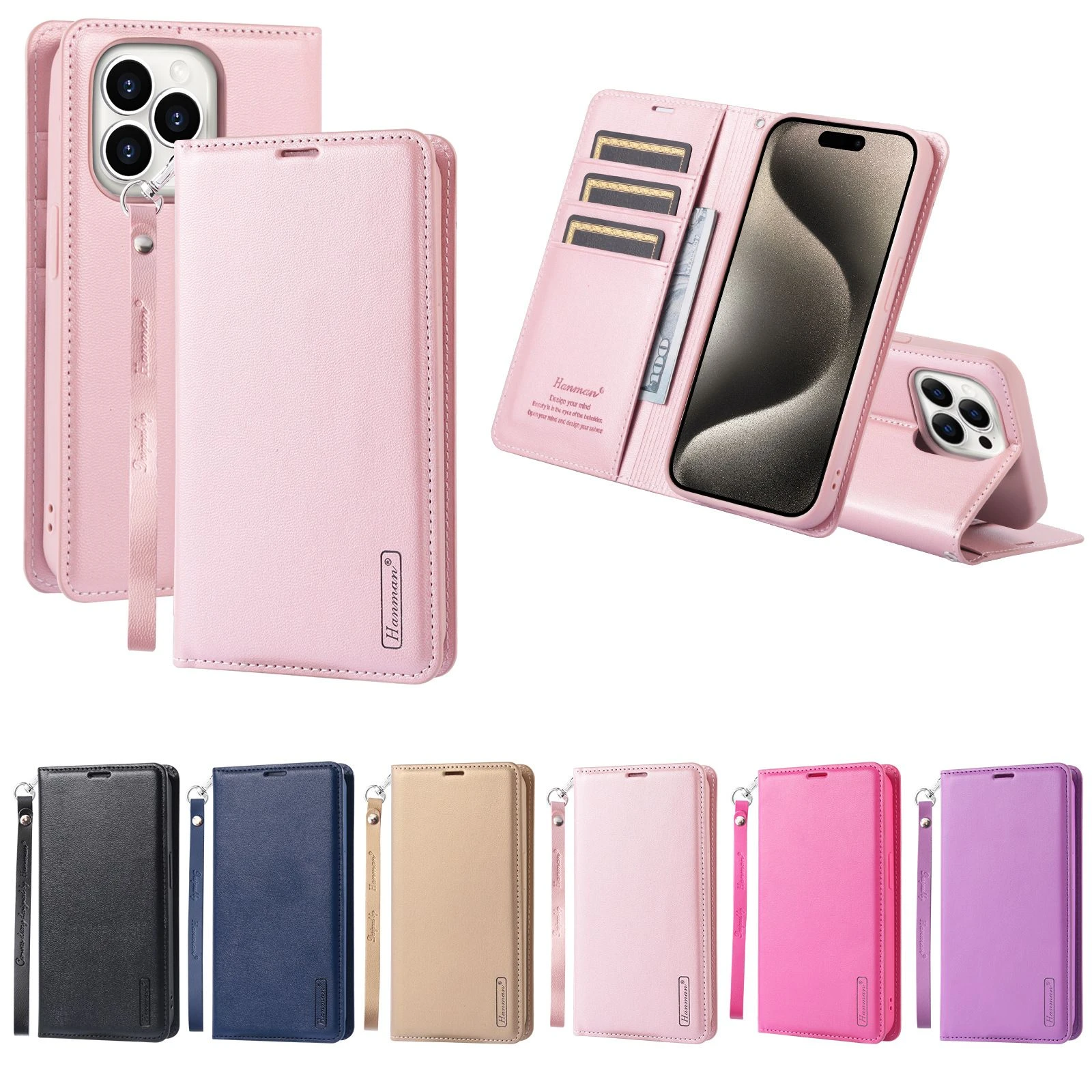 Hanman Minuo Series Wallet Phone Case for Nokia 3 5 6 7 8 2.1 3.1 5.1 7.1 8.1 2.4 3.4 2.2 3.2 4.2 8.3 Leather Stand Magnetic Cases Cover with Wrist Strap