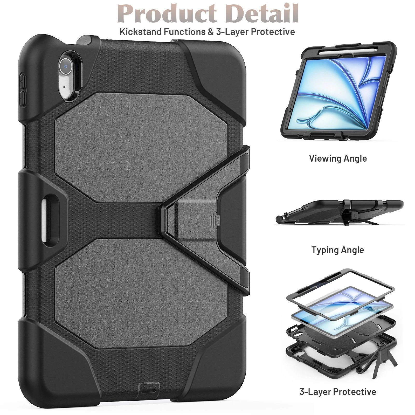Heavy Duty Anti-Drop Silicone Protective Tablet Cover with Pencil Slot Kickstand for iPad Air 11 Inch