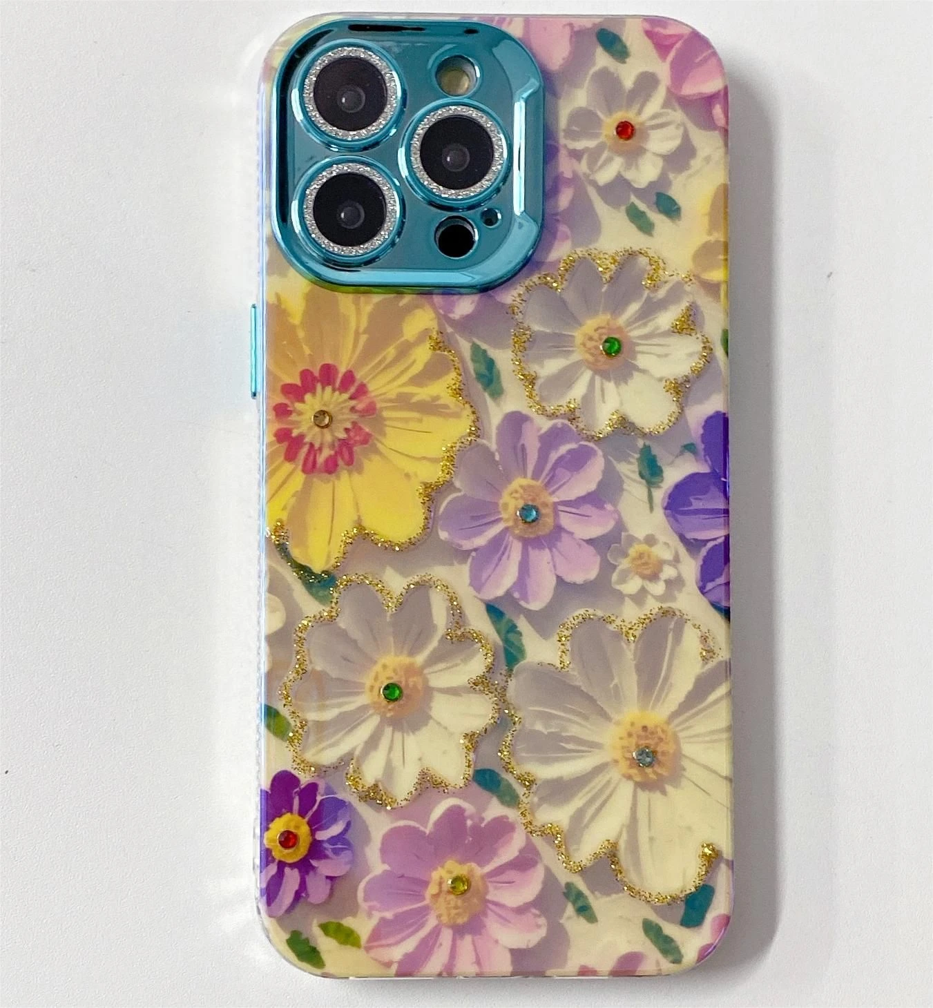 High-End Luxury Blue Rhinestone Oil Painting Color Flower Mobile Phone Case with Anti-Fall for iPhone 15 14 13 12 11promax