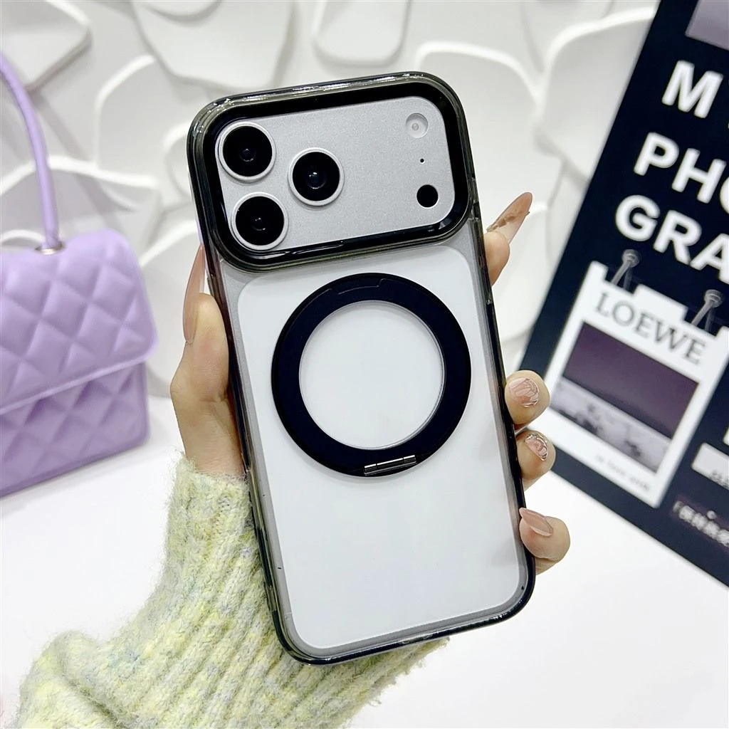 High Quality Transparent Frosted Magnetic Phone Cover Colorful Frame Built-in Magsafe Ring Stand Anti-Fingerprint Protective Case