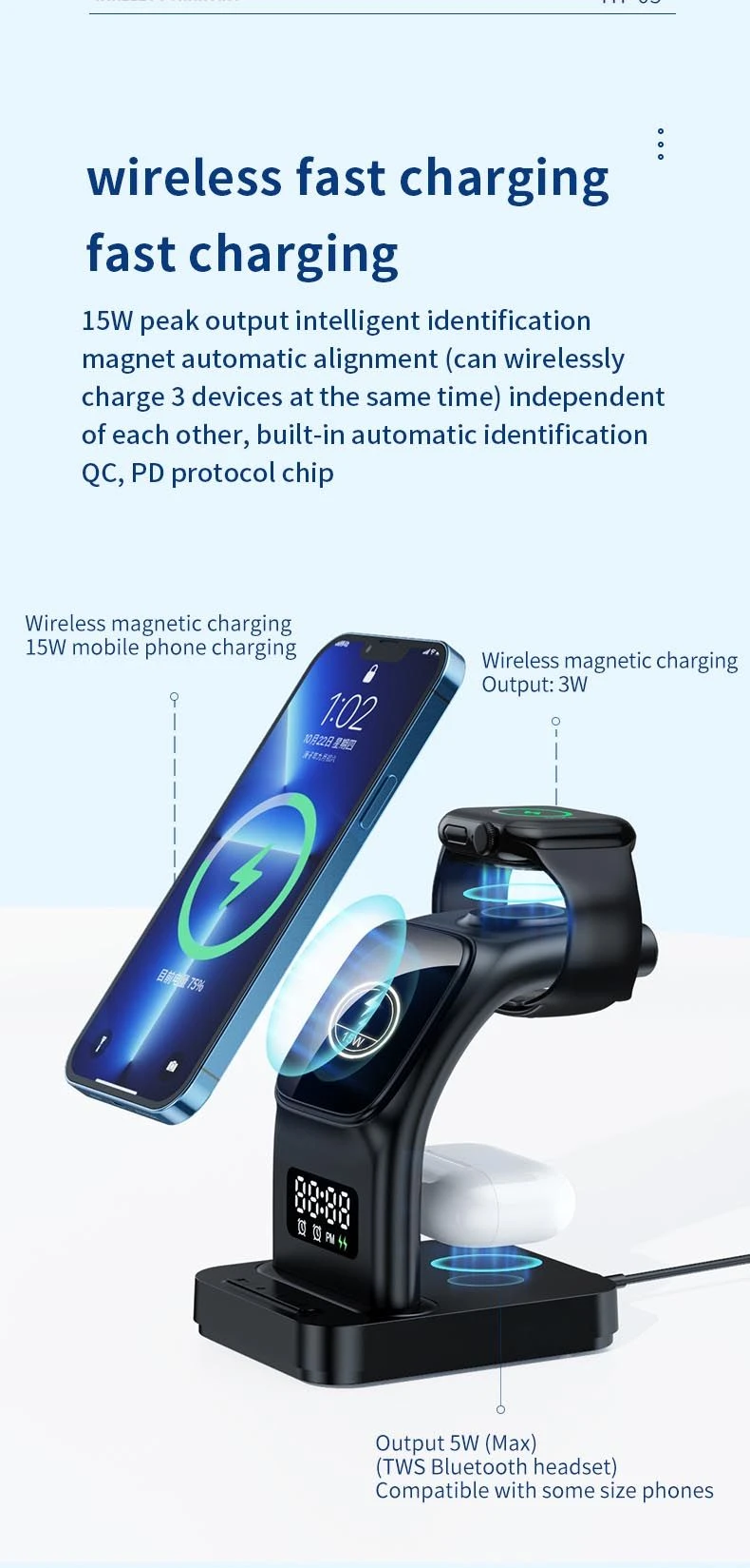 Hot Sales 3 in 1 Fast Charging Wireless Charger Dock Station 15W Fast Wireless Charging Stand Charger for Mobile Device