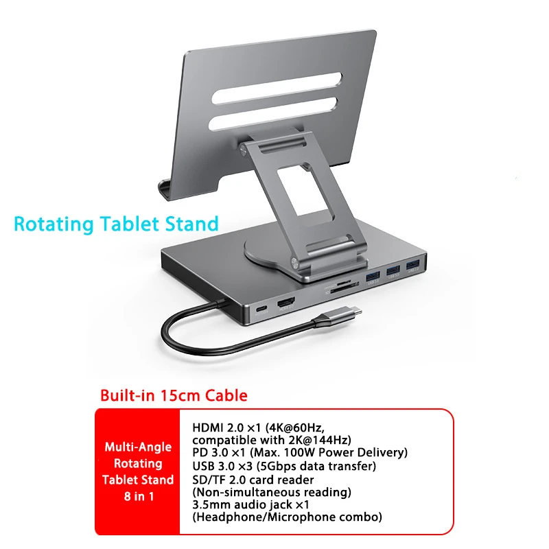 Laptop Docking Station Desktop Holder 8 in 1 USB 3.0 Hub 5GPS Data Transfer Rotating Tablet Stand for iPad PRO 11 2025