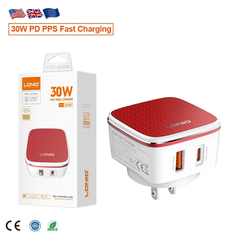 Ldnio 30W Replaceable Plug Charger EU Us UK Multi Plug Dual Port USB a+C 30W PPS Fast Charger for Samsung Apple Xiaomi Laptop