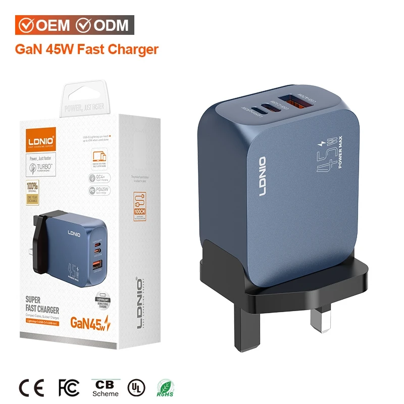 Ldnio Q6 GaN 45W Multi Plug Pd/QC3.0 Super Fast Charger Quick Adapter Charger with 3 USB Port for Travel Mobile Phone Laptop