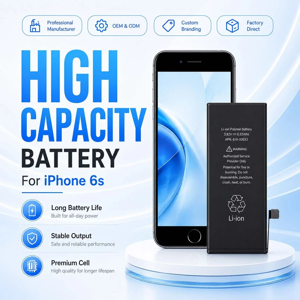 Manufacturer Durable iPhone Battery with Capacity Display for iPhone 6s for iPhone 7 Plus Xr 12 PRO Max 15