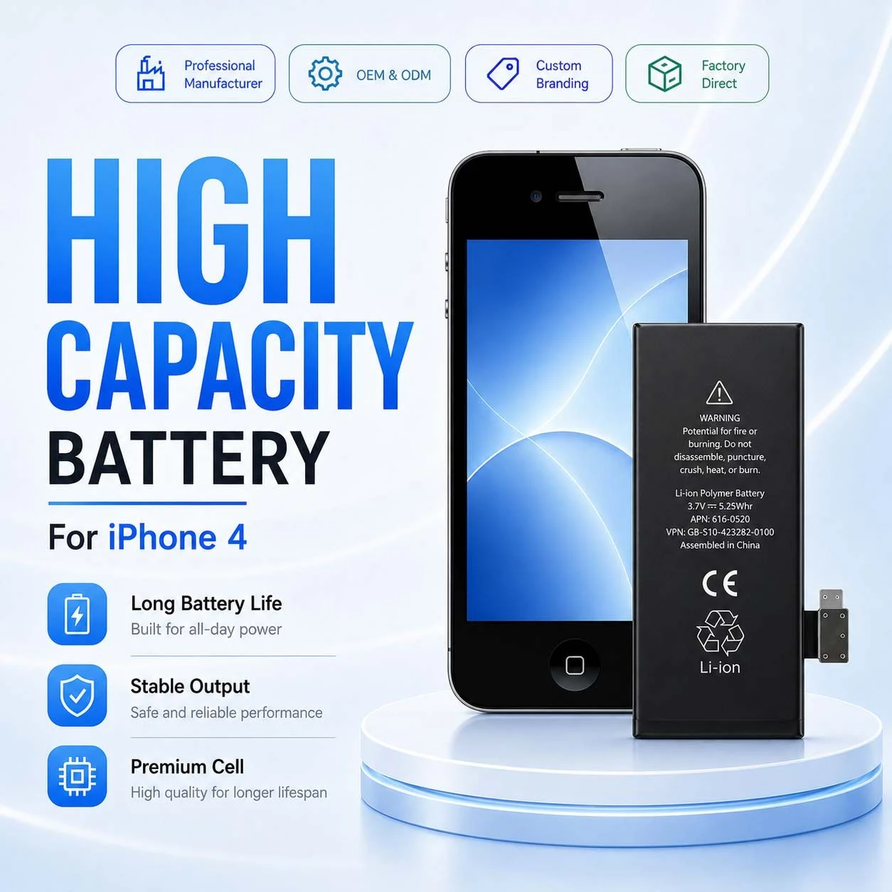 Manufacturer Durable iPhone Battery with Health Display for iPhone 4 for iPhone 7 Plus Xr 13 Pr