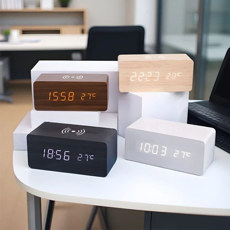 Modern Bamboo Desk Clock with Wireless Charging for Home or Office