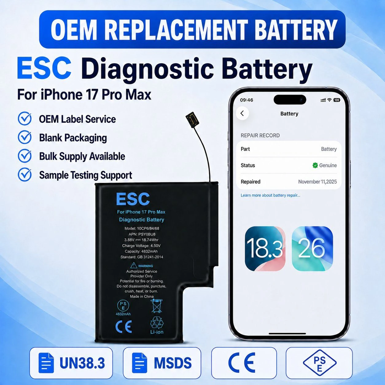 OEM Diagnostic Replacement Battery for iPhone 17 PRO Max