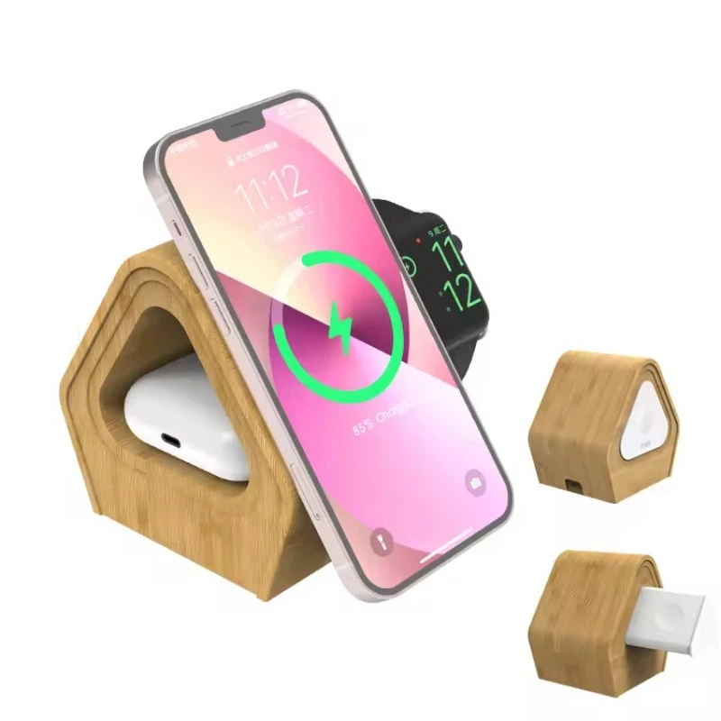 OEM Ecofriendly Bamboo Wireless Charger Stand for Phone Smartwatch Earphone