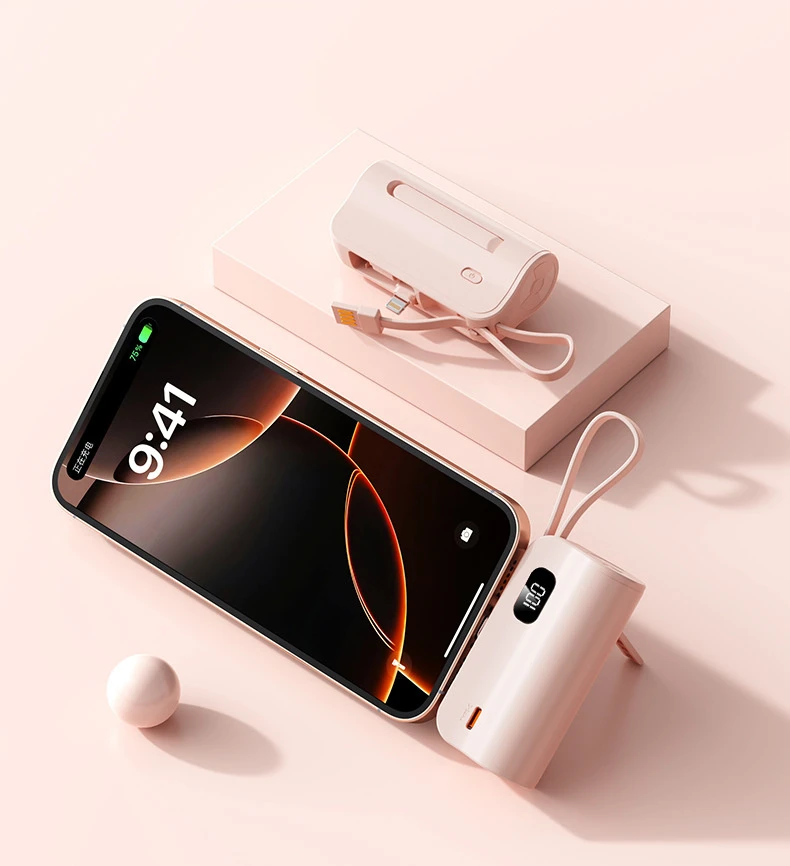 OEM Mini 5000mAh 10000mAh Power Banks Charger Built-in Micro Type-C Lighting Cable Portable Mobile Power Bank