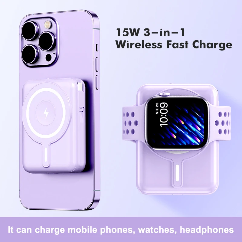 Original Mini Portable Charger 3 in 1 Mobile Phone/Earphone/Watch Type C Magnetic Wireless Charging Magsafe Power Bank for iPhone 12 13 14 15
