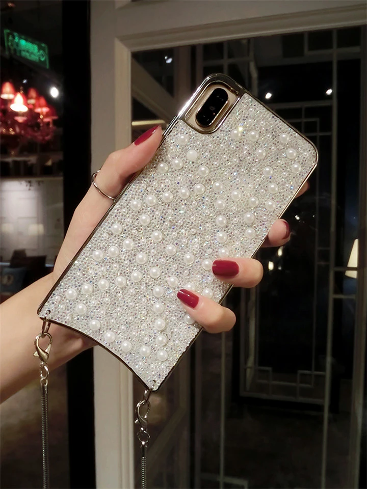 PC005 Glitter Pearl Case Phone 11/Xs/Xr/8 Plus Sparkly Anti-Slip Soft Rubber Bumper Protective Cover with Crossbody Chain