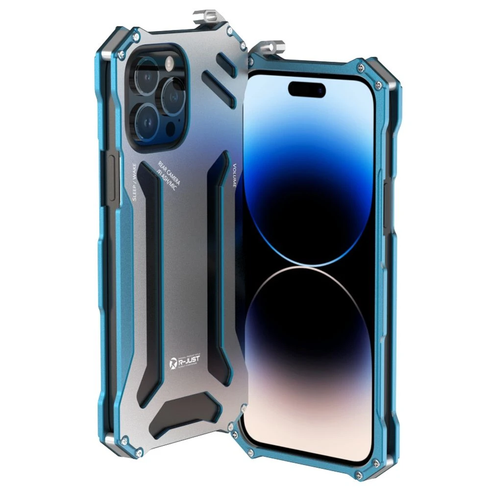 R-Just Mechanical Armor Metal Shockproof Case for iPhone 14 PRO Anti-Fall Phone Shell Hollow Design Phone Protector – Blue