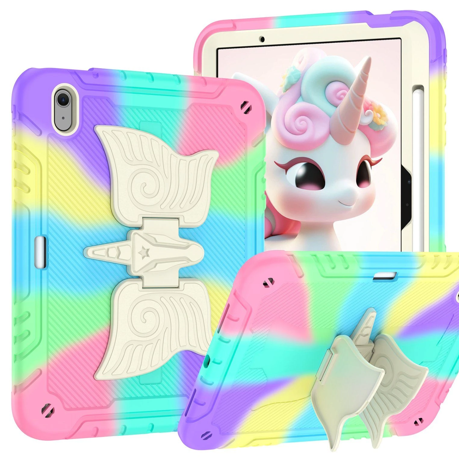 Rainbow Unicorn Stand Rugged Kids Tablet Case with Strap Pencil Slot for iPad Air 11 Inch