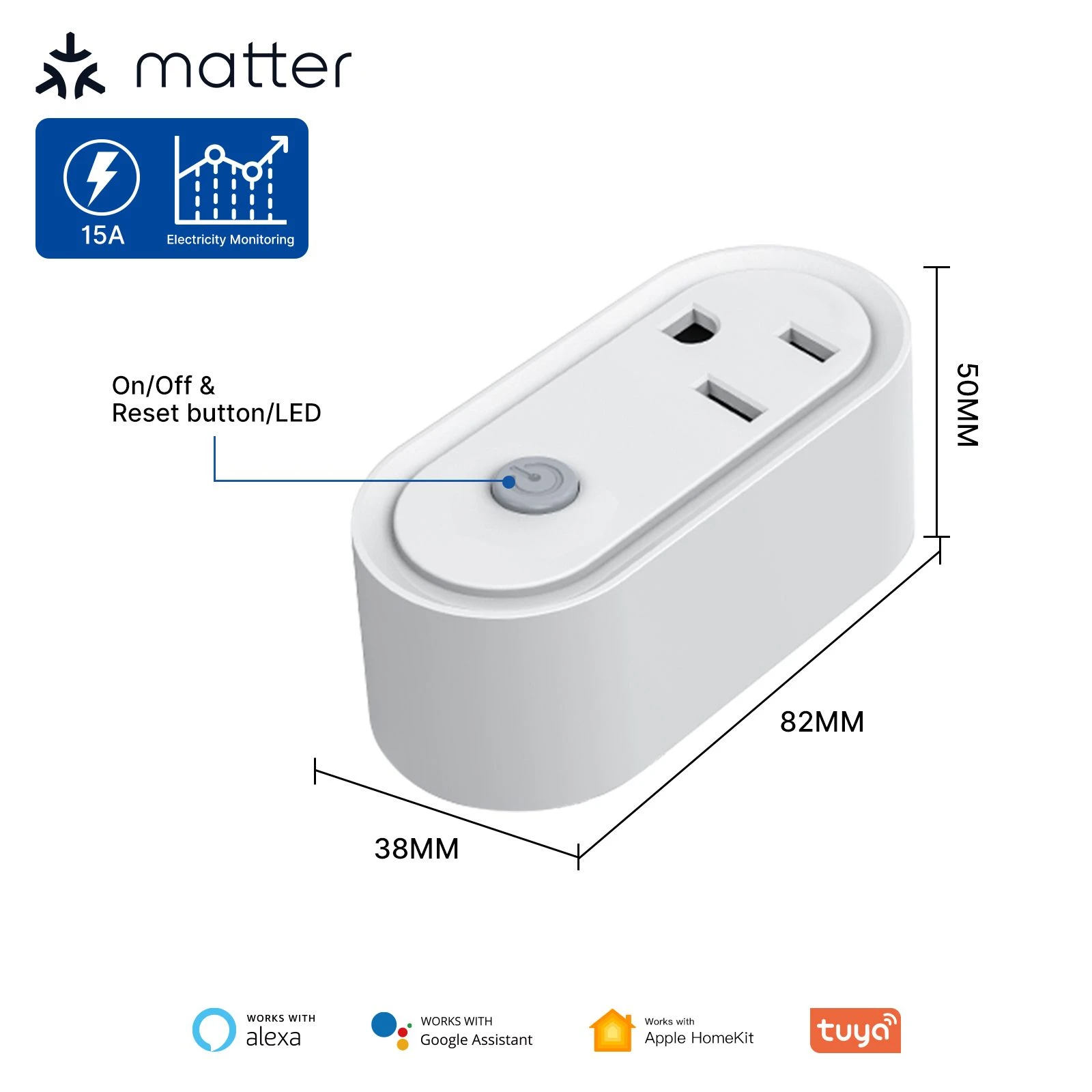 SLS Matter Smart Us Plug Socket with Power Monitor Alexa Google Homekit