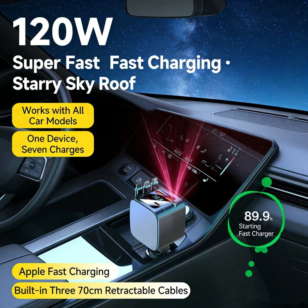 Super Fast Charging Retractable Car Charger for One-to-Three Cigarette Lighter Ports Multi-Function Huawei Android Apple Compatible