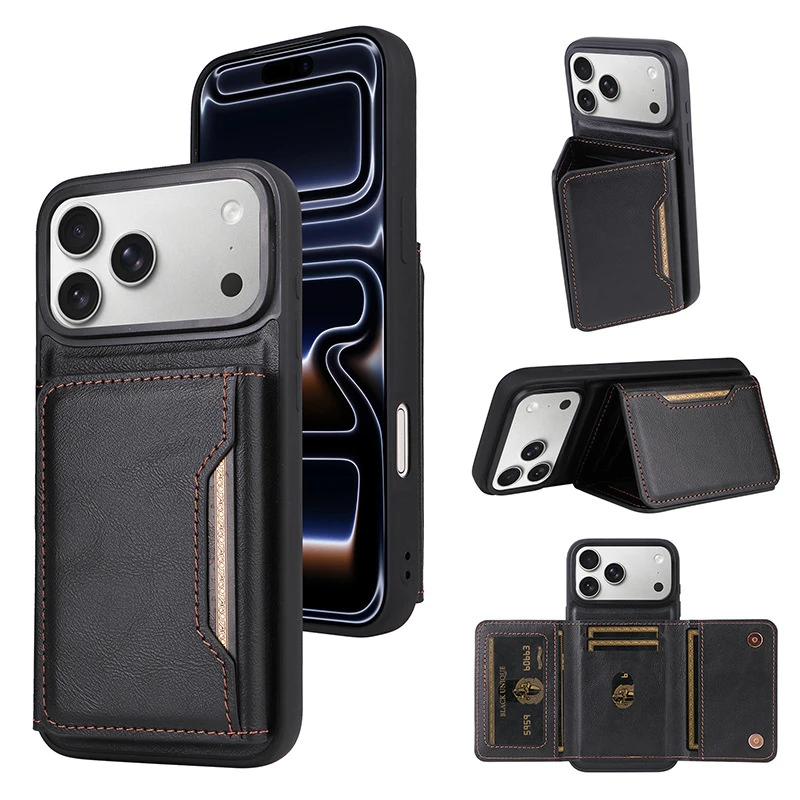 The New Retro Leather-Covered Three-Fold Mobile Phone Case Is Suitable for Apple iPhone 17 PRO and Other Dual-Card Opening Mobile Phone Protection Cases
