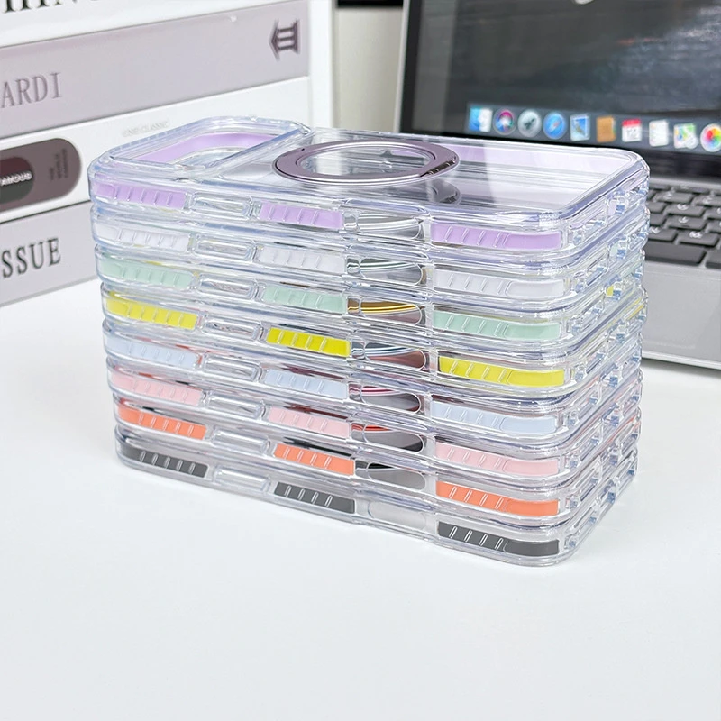 Transparent Gear Bracket 360 Holder Protective TPU PC Mobile Phone Case Magnetic Back Cover for IP17 PRO Max/17 16 15 14 13 12