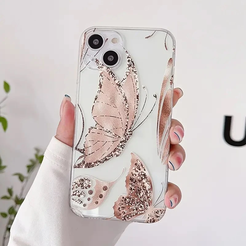 Transparent Golden Butterfly Graphic Printing Phone Case for iPhone Series Phones for Valentines Gift