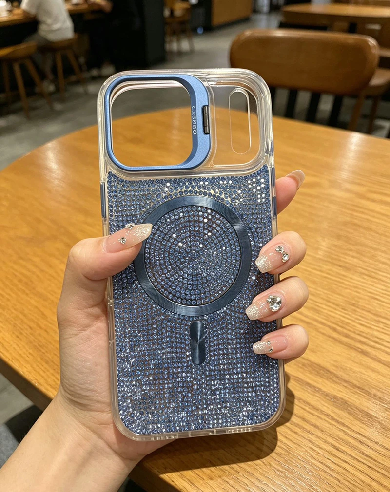 Transparent Phone Bumper Glitter Diamond Magnetic Magsafe Case for iPhone 14 Plus 15 Plus 16 Plus with Camera Stand