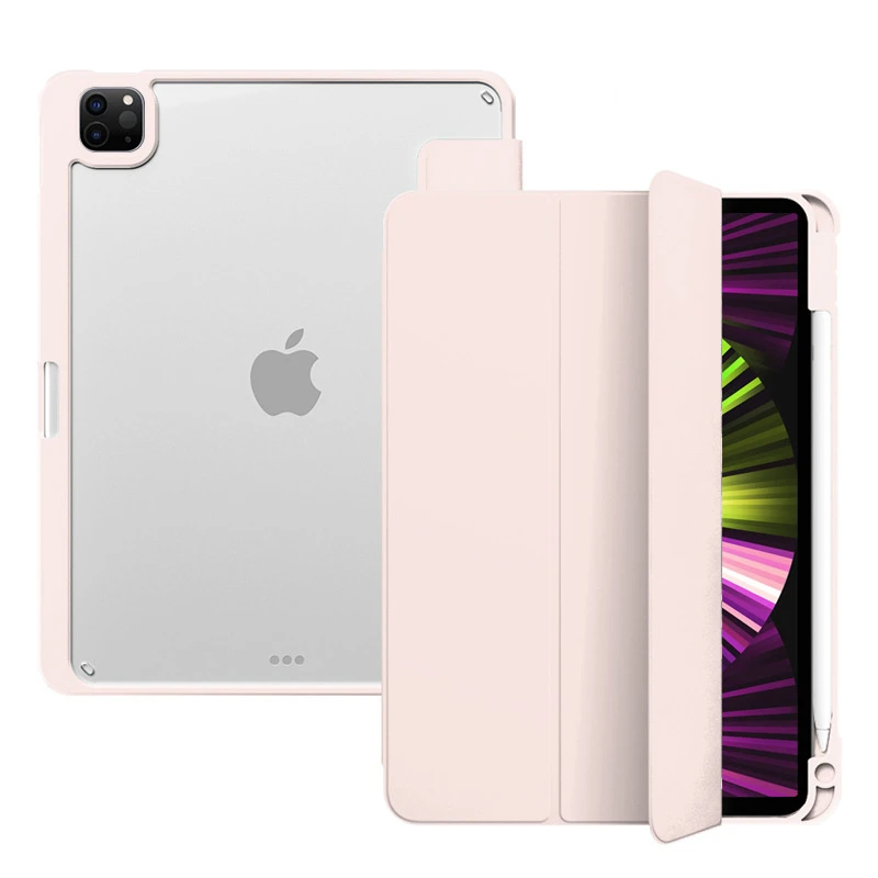 Tri-Fold Stand PU Leather with Pen Holder Transparent PC Tablet Case for iPad PRO 11 Inch M5 2025 M4 2024
