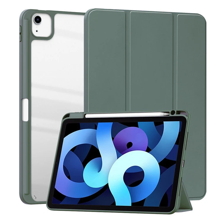 Trifold Clear Back Shell Case with Pencil Slot for iPad 11 2021 Leather Smart Cover for iPad 10.9