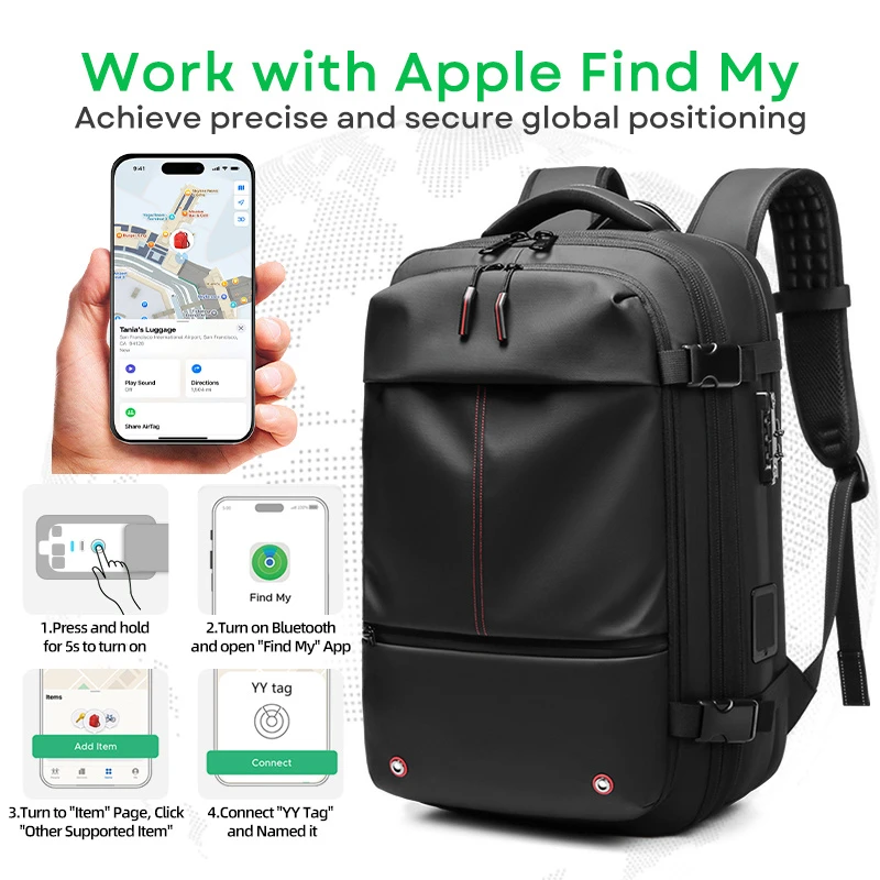 Waterproof Works with (Apple IOS) Find My Battery Expandable Anti-Theft Auto Compression Laptop Backpack